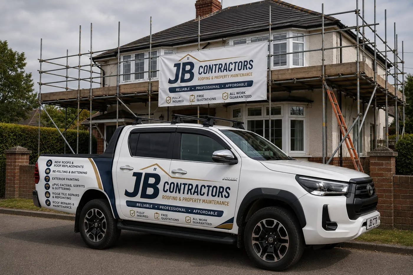 St Austell Roofing pickup truck on site at a scaffolded roofing job in St Austell